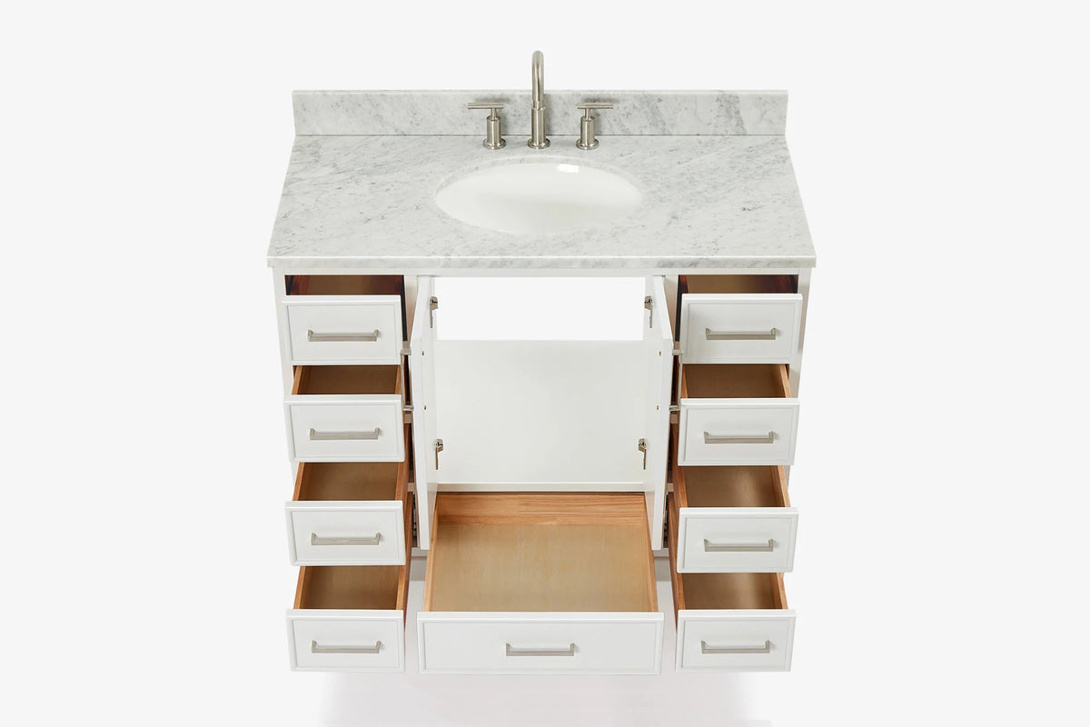 Skip to the beginning of the images gallery Ariel stafford 43 inch single oval sink vanity with carrara white marble countertop w/0.75" edge in white