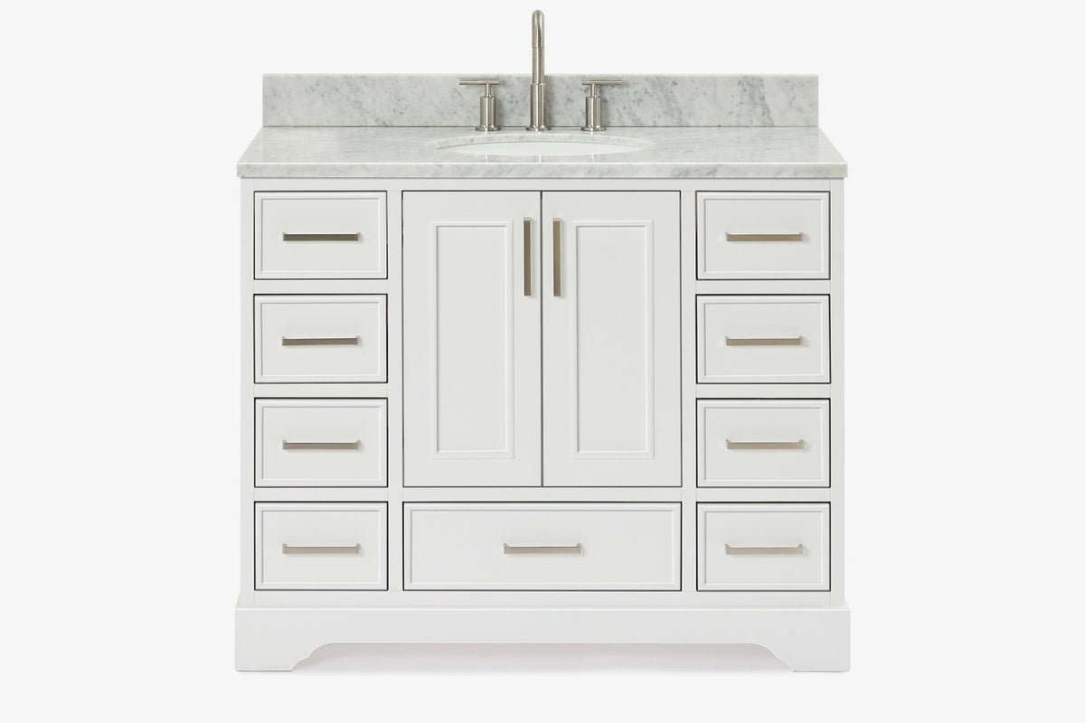 Skip to the beginning of the images gallery Ariel stafford 43 inch single oval sink vanity with carrara white marble countertop w/0.75" edge in white