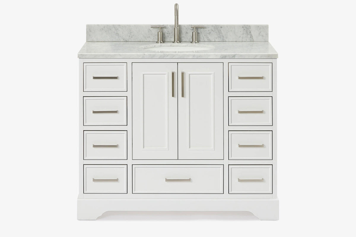 Skip to the beginning of the images gallery Ariel stafford 43 inch single oval sink vanity with carrara white marble countertop w/0.75" edge in white