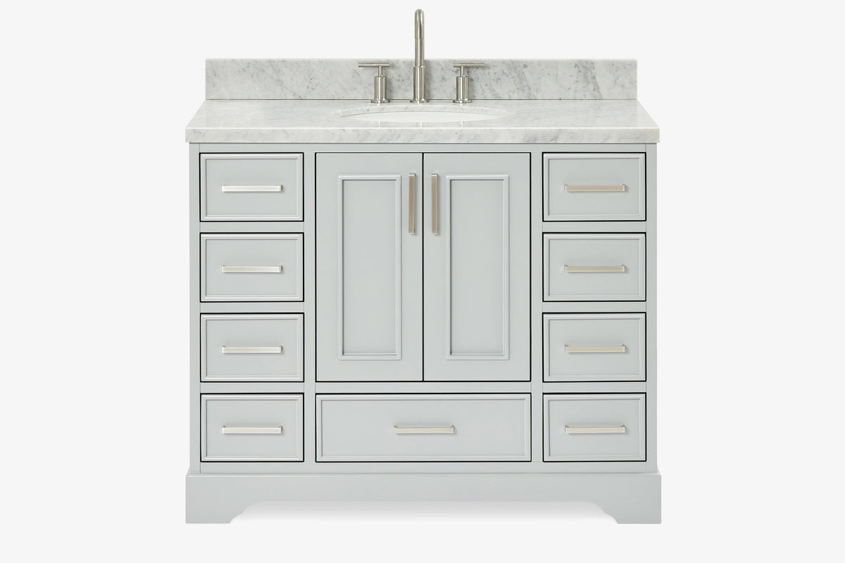 Skip to the beginning of the images gallery Ariel stafford 43 inch single oval sink vanity with carrara white marble countertop w/0.75" edge in white