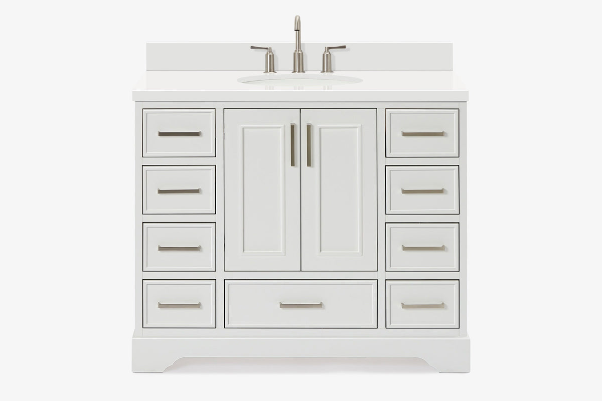 Skip to the beginning of the images gallery Ariel stafford 43 inch single oval sink vanity with carrara white marble countertop w/0.75" edge in white