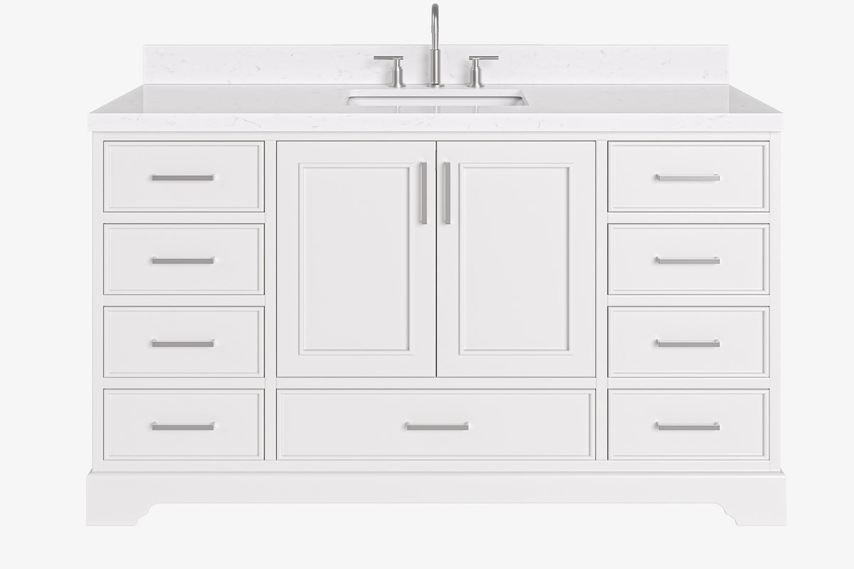 Ariel stafford 61 inch single rectangle sink vanity with carrara white marble countertop w/1.5" edge in white