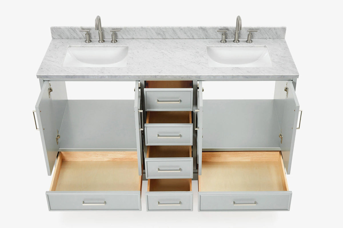 Ariel stafford 61 inch double rectangle sink vanity with carrara white marble countertop w/0.75" edge in white