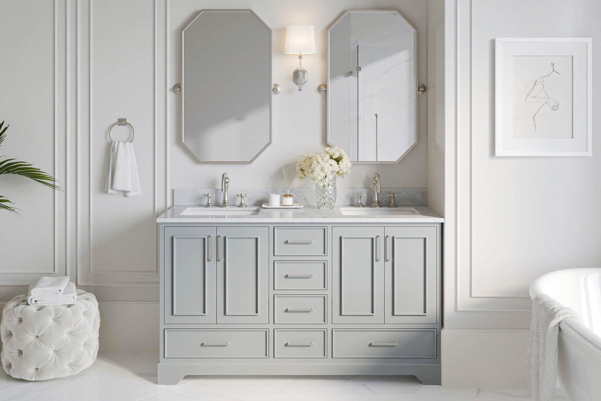 Ariel stafford 61 inch double rectangle sink vanity with carrara white marble countertop w/0.75" edge in white