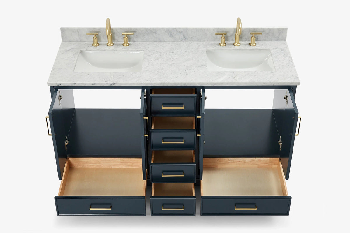 Ariel stafford 61 inch double rectangle sink vanity with carrara white marble countertop w/0.75" edge in white