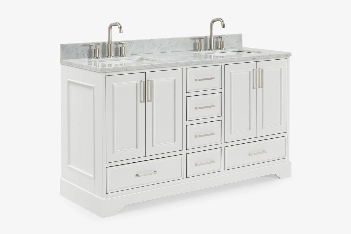 Ariel stafford 61 inch double rectangle sink vanity with carrara white marble countertop w/0.75" edge in white