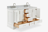 Ariel stafford 61 inch double rectangle sink vanity with carrara white marble countertop w/0.75" edge in white