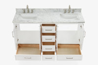 Ariel stafford 61 inch double rectangle sink vanity with carrara white marble countertop w/0.75" edge in white