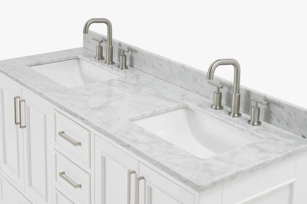 Ariel stafford 61 inch double rectangle sink vanity with carrara white marble countertop w/0.75" edge in white
