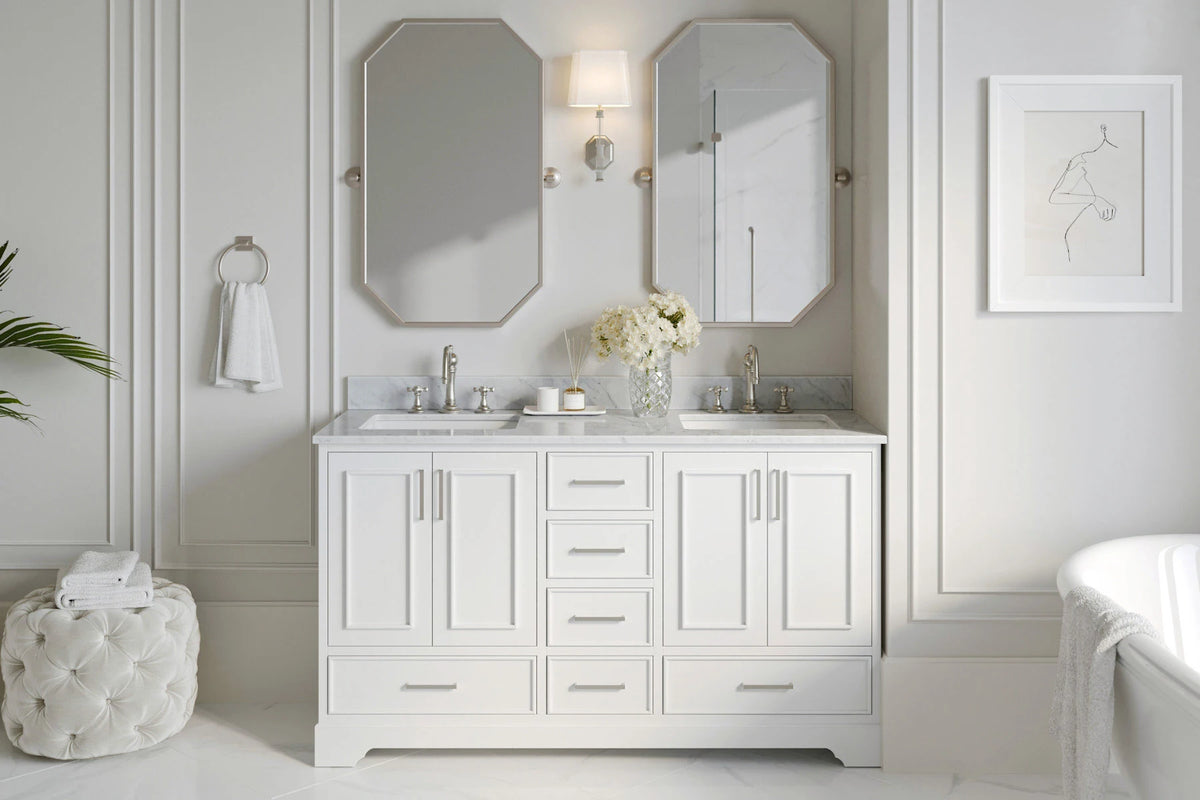 Ariel stafford 61 inch double rectangle sink vanity with carrara white marble countertop w/0.75" edge in white