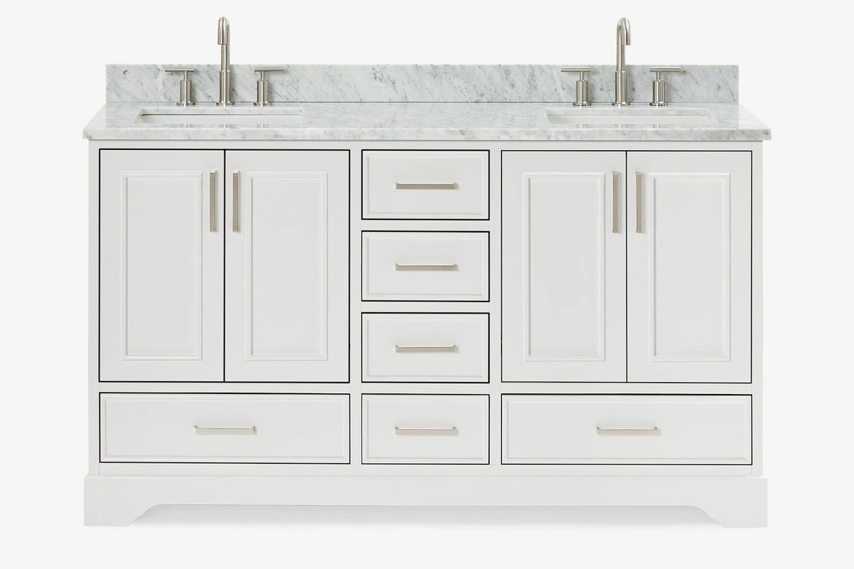Ariel stafford 61 inch double rectangle sink vanity with carrara white marble countertop w/0.75" edge in white