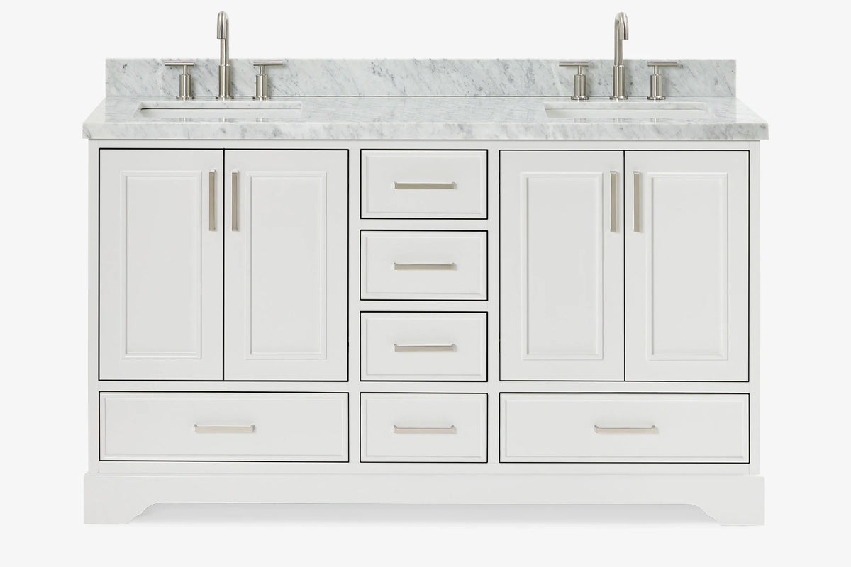 Ariel stafford 61 inch double rectangle sink vanity with carrara white marble countertop w/0.75" edge in white