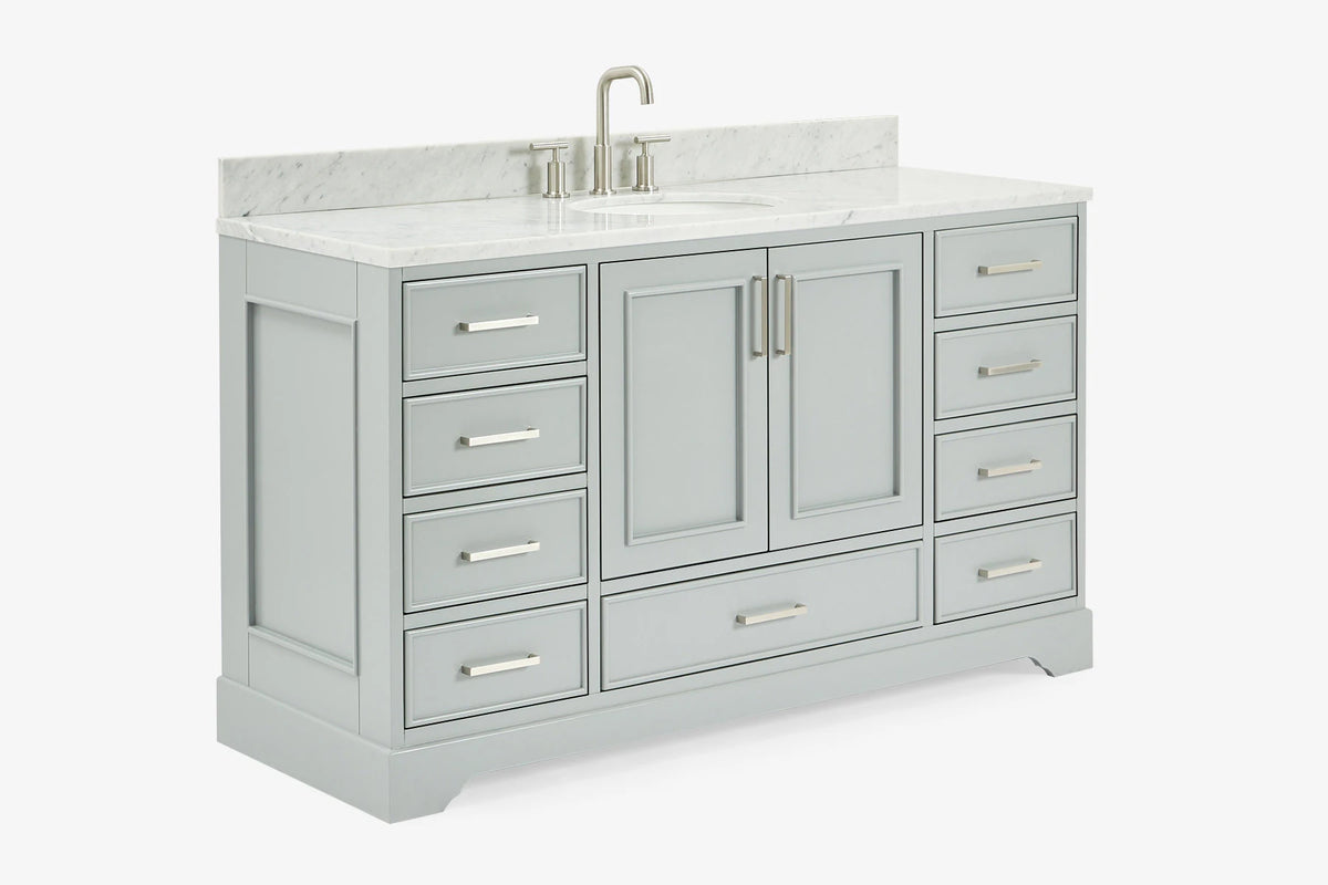 Ariel stafford 61 inch single oval sink vanity with carrara white marble countertop w/0.75" edge in midnight blue
