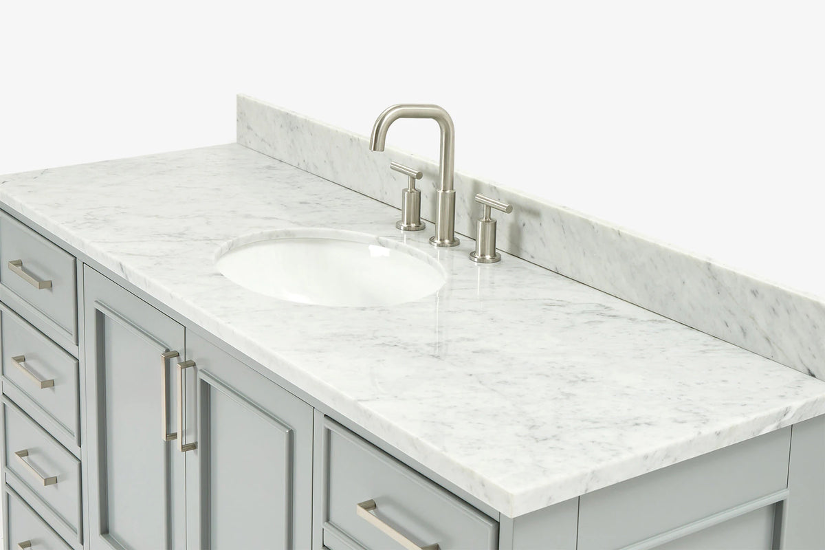 Ariel stafford 61 inch single oval sink vanity with carrara white marble countertop w/0.75" edge in midnight blue