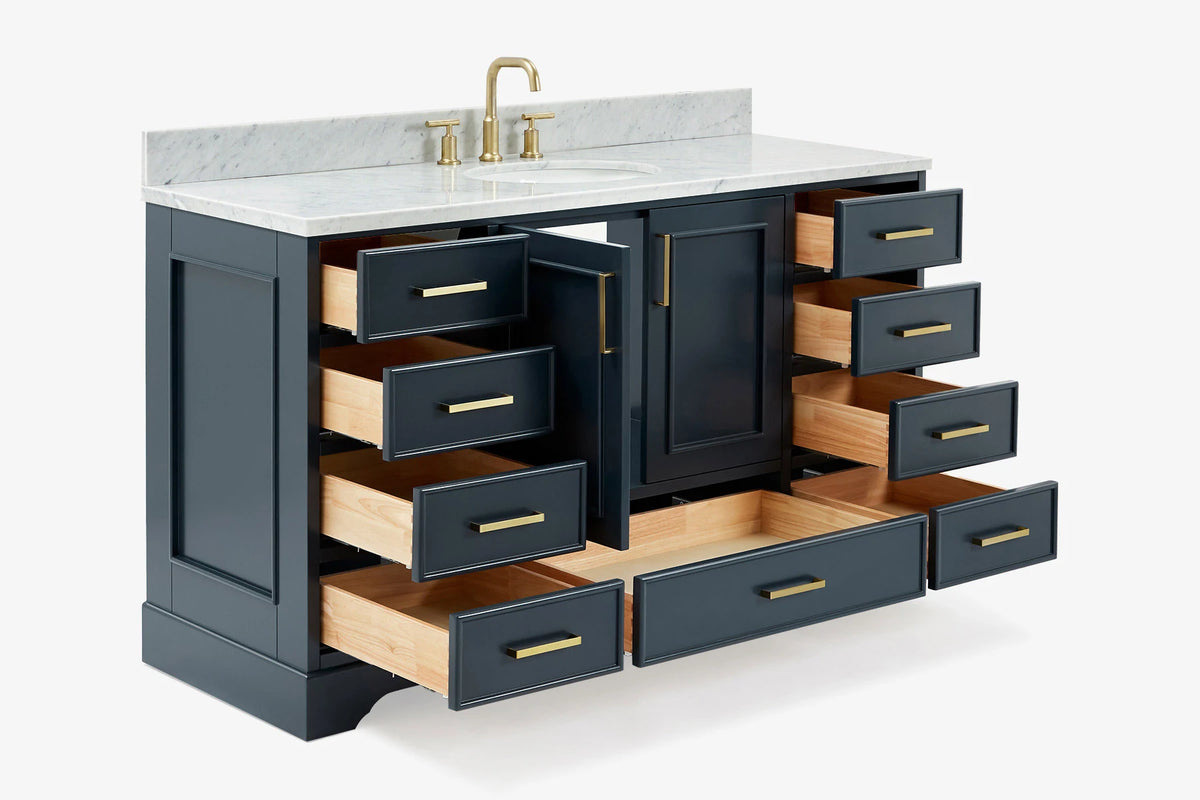 Ariel stafford 61 inch single oval sink vanity with carrara white marble countertop w/0.75" edge in midnight blue