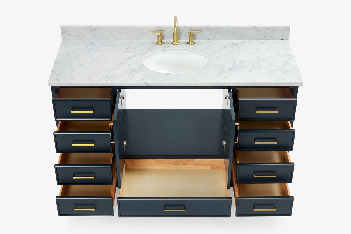 Ariel stafford 61 inch single oval sink vanity with carrara white marble countertop w/0.75" edge in midnight blue