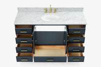 Ariel stafford 61 inch single oval sink vanity with carrara white marble countertop w/0.75" edge in midnight blue