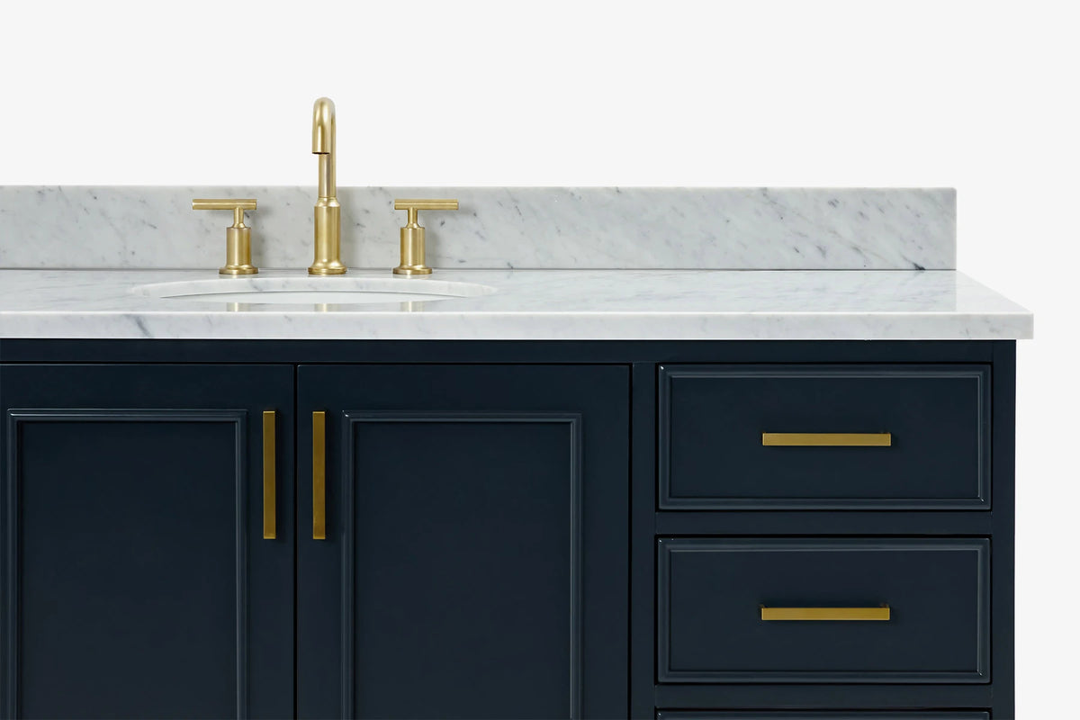 Ariel stafford 61 inch single oval sink vanity with carrara white marble countertop w/0.75" edge in midnight blue