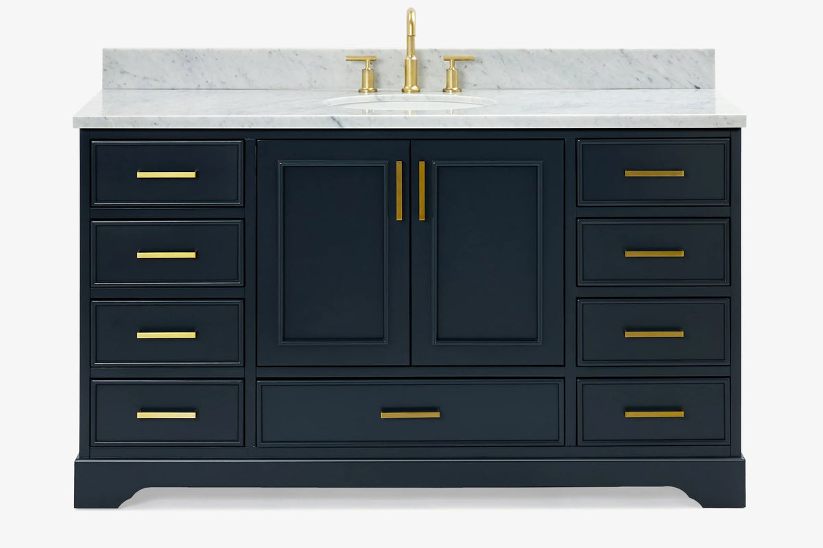 Ariel stafford 61 inch single oval sink vanity with carrara white marble countertop w/0.75" edge in midnight blue