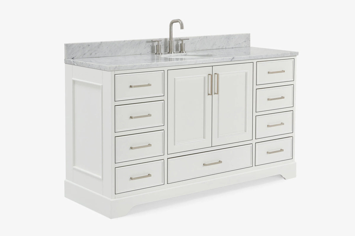 Ariel stafford 61 inch single oval sink vanity with carrara white marble countertop w/0.75" edge in midnight blue