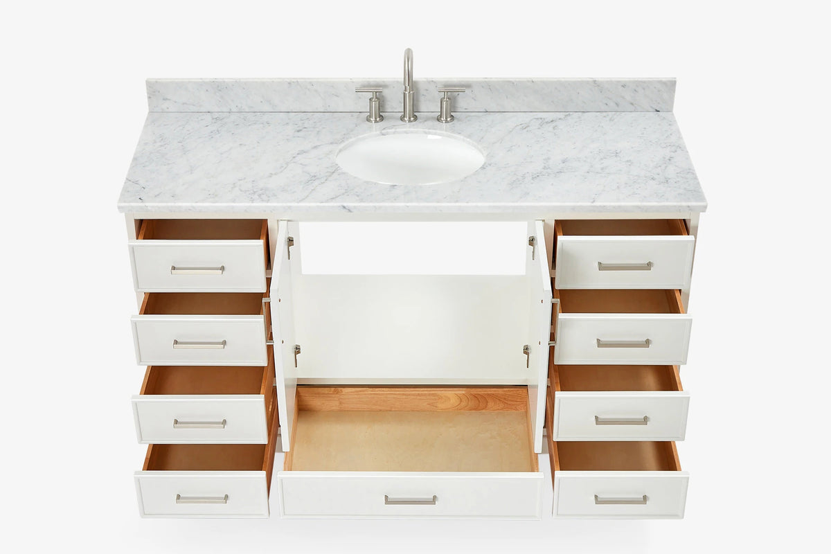 Ariel stafford 61 inch single oval sink vanity with carrara white marble countertop w/0.75" edge in midnight blue