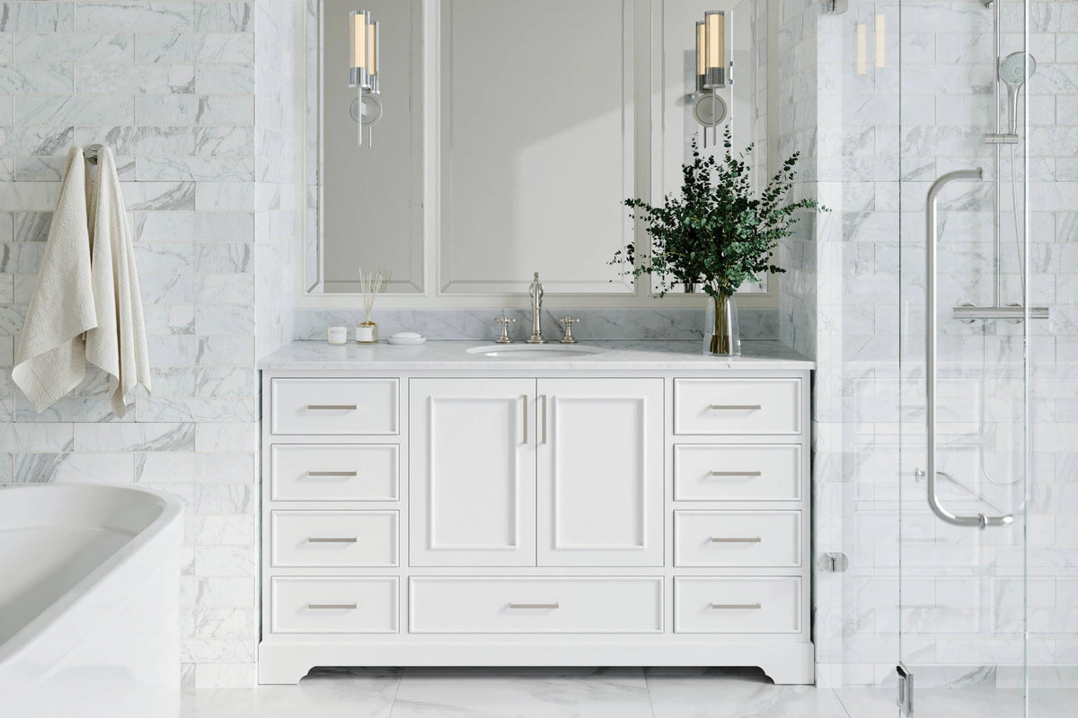 Ariel stafford 61 inch single oval sink vanity with carrara white marble countertop w/0.75" edge in midnight blue