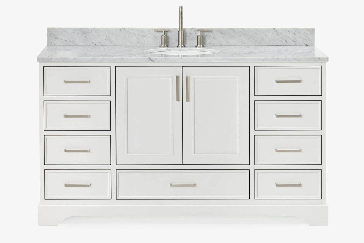Ariel stafford 61 inch single oval sink vanity with carrara white marble countertop w/0.75" edge in midnight blue