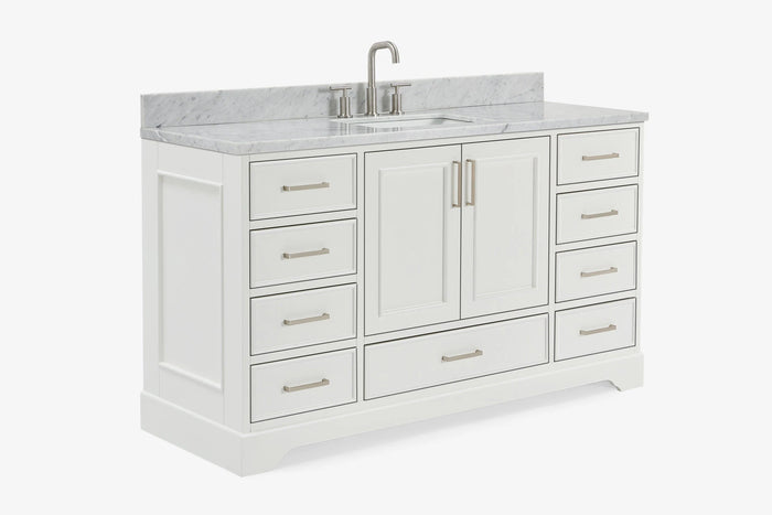Ariel stafford 61 inch single rectangle sink vanity with carrara white marble countertop w/1.5" edge in white