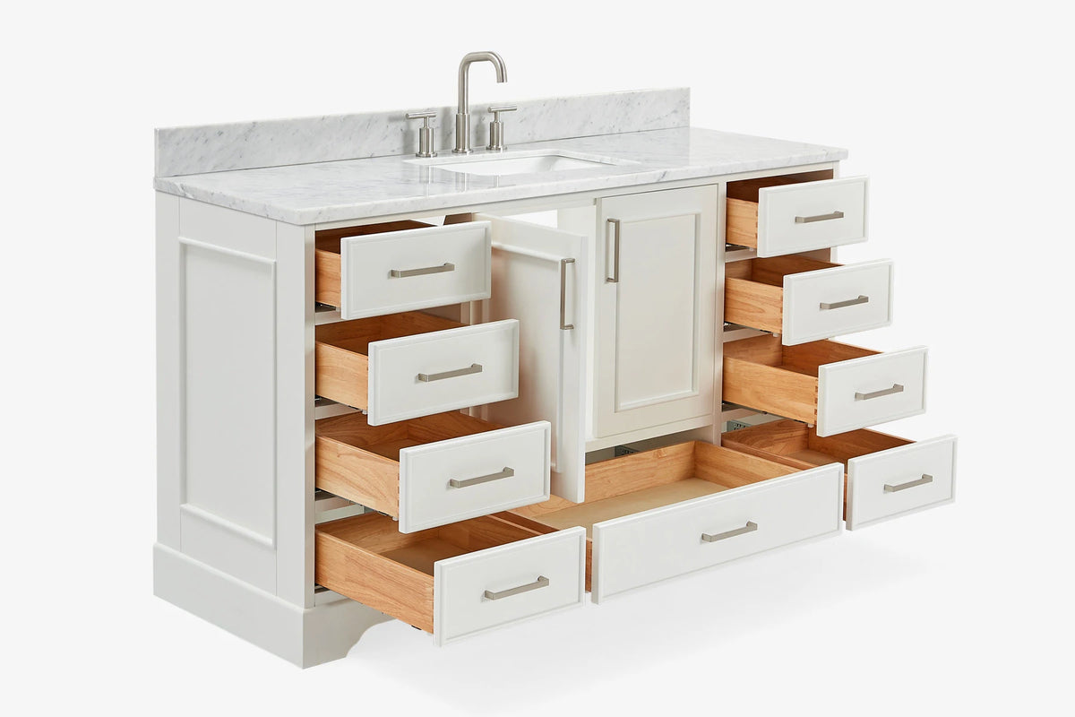 Ariel stafford 61 inch single rectangle sink vanity with carrara white marble countertop w/1.5" edge in white