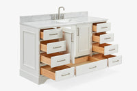 Ariel stafford 61 inch single rectangle sink vanity with carrara white marble countertop w/1.5" edge in white
