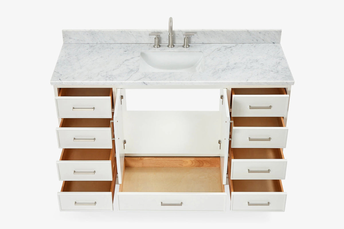 Ariel stafford 61 inch single rectangle sink vanity with carrara white marble countertop w/1.5" edge in white