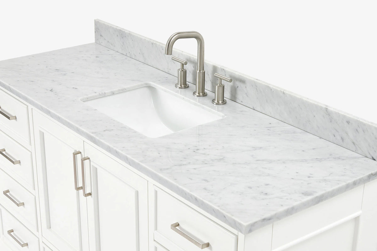 Ariel stafford 61 inch single rectangle sink vanity with carrara white marble countertop w/1.5" edge in white