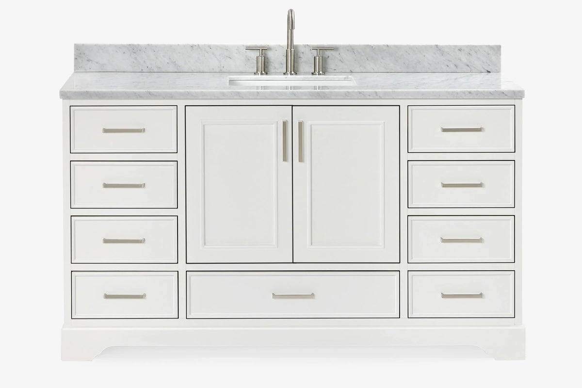 Ariel stafford 61 inch single rectangle sink vanity with carrara white marble countertop w/1.5" edge in white