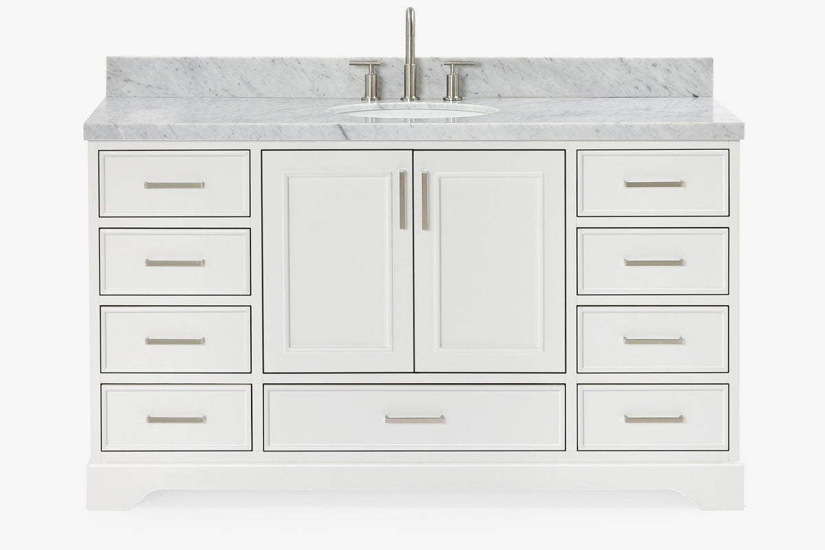 Ariel stafford 61 inch single oval sink vanity with carrara white marble countertop w/0.75" edge in midnight blue