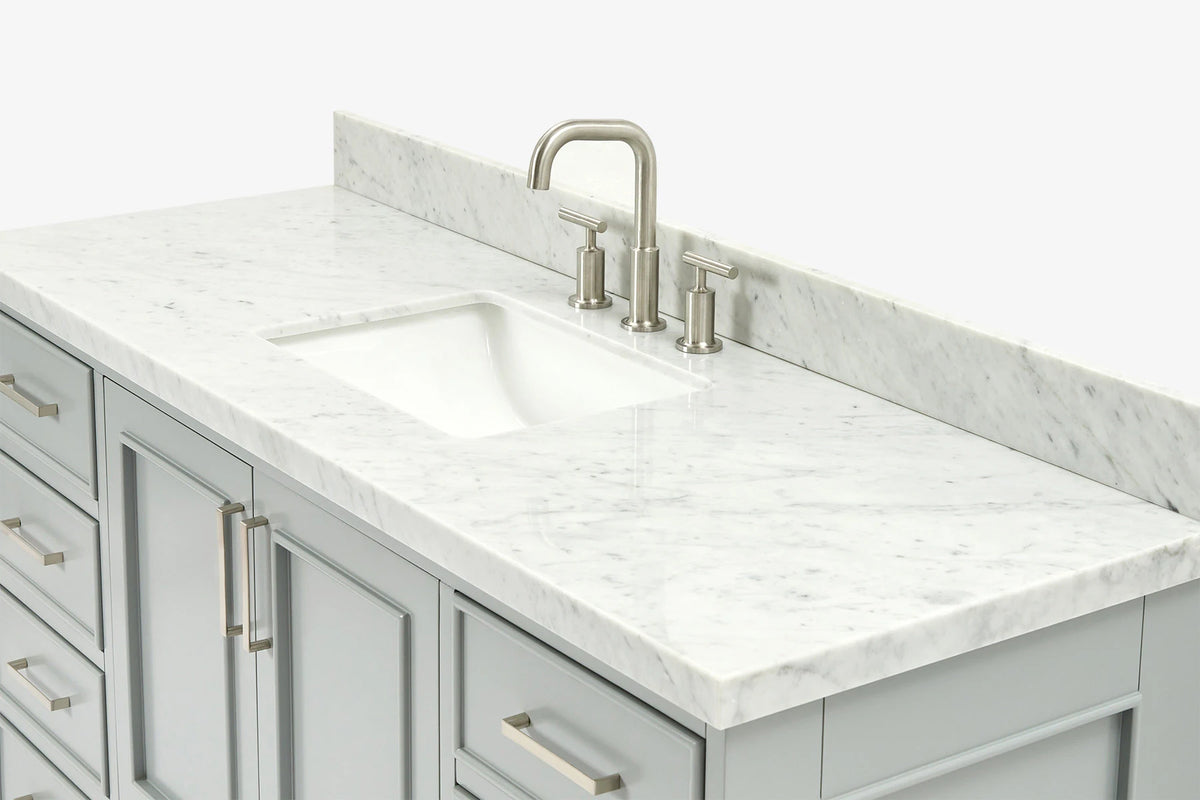 Ariel stafford 61 inch single rectangle sink vanity with carrara white marble countertop w/1.5" edge in white