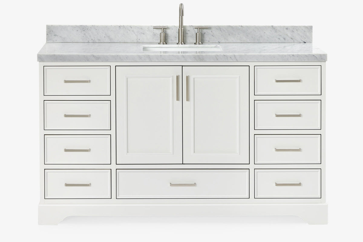 Ariel stafford 61 inch single rectangle sink vanity with carrara white marble countertop w/1.5" edge in white