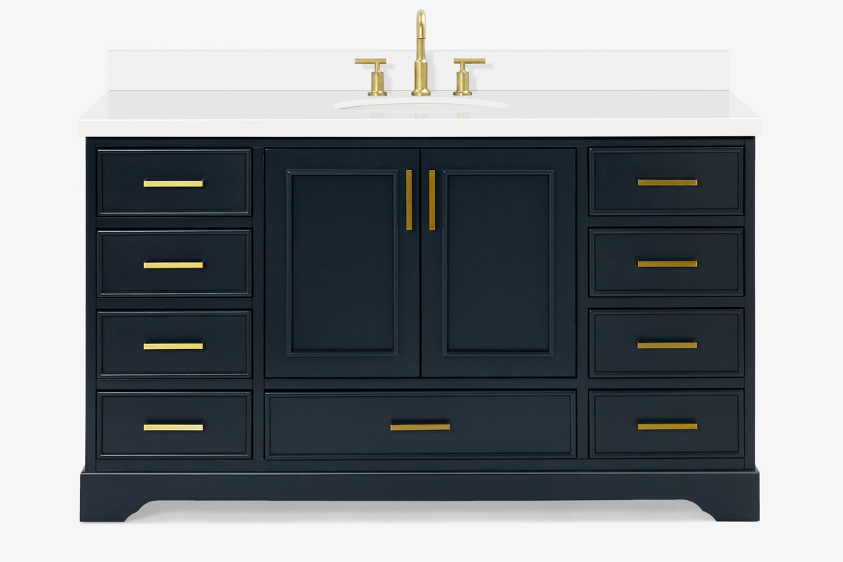 Ariel stafford 61 inch single oval sink vanity with carrara white marble countertop w/0.75" edge in midnight blue