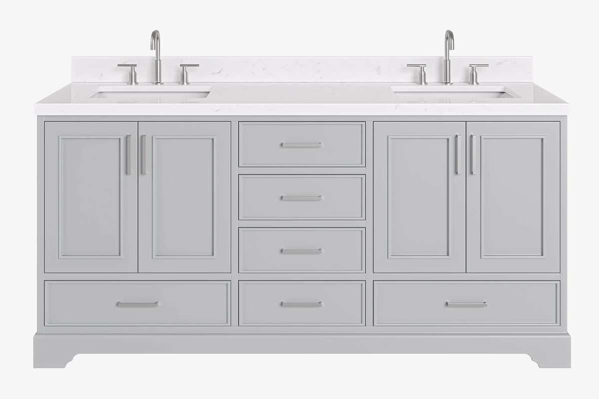 Ariel stafford 73 inch double rectangle sink vanity with carrara white marble countertop w/0.75" edge in white