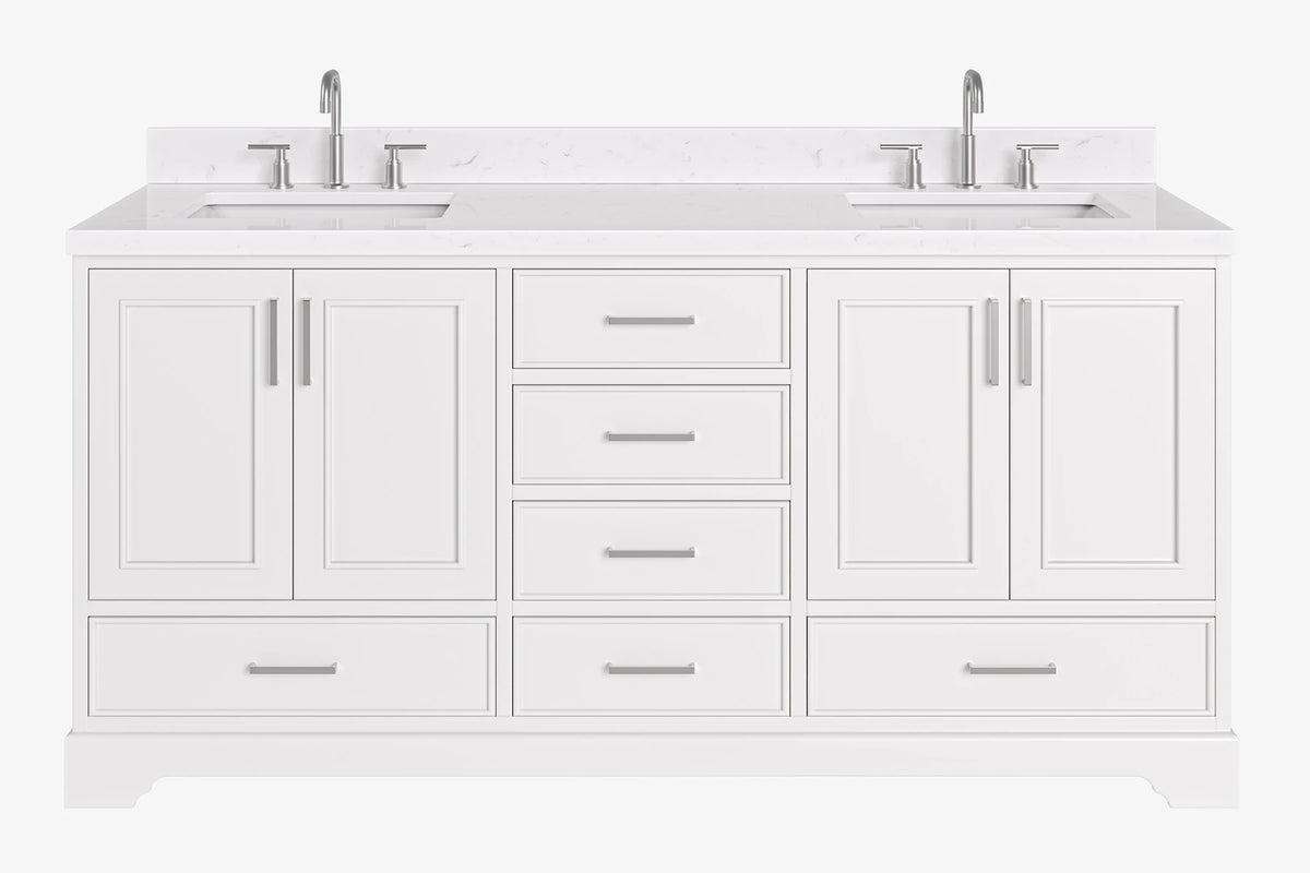 Ariel stafford 73 inch double rectangle sink vanity with carrara white marble countertop w/0.75" edge in white