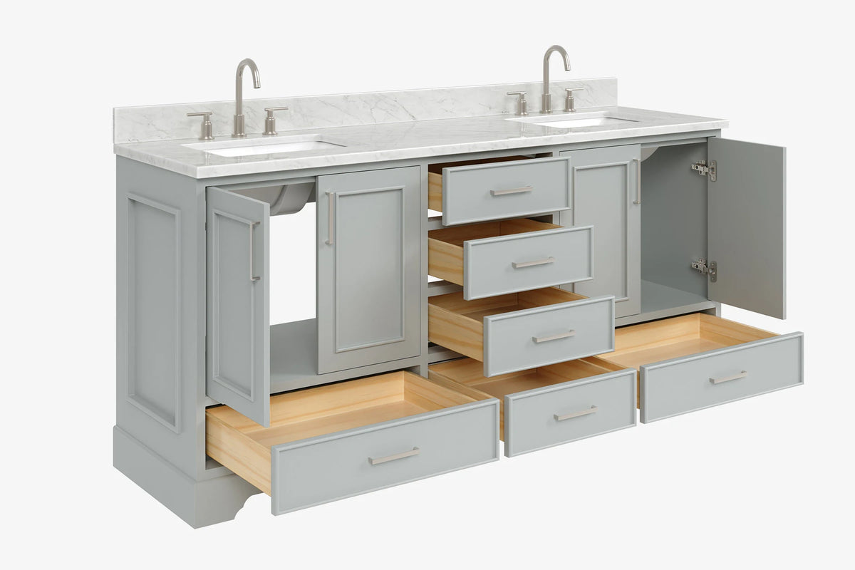 Ariel stafford 73 inch double rectangle sink vanity with carrara white marble countertop w/0.75" edge in white