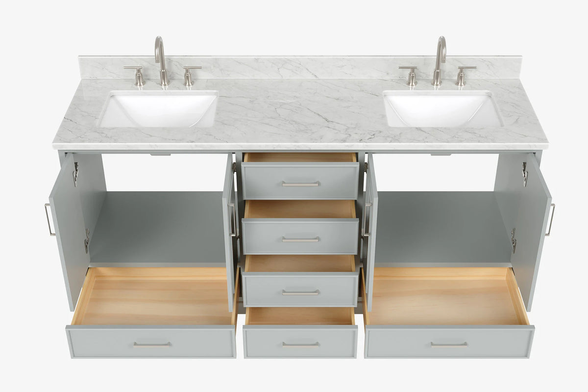 Ariel stafford 73 inch double rectangle sink vanity with carrara white marble countertop w/0.75" edge in white