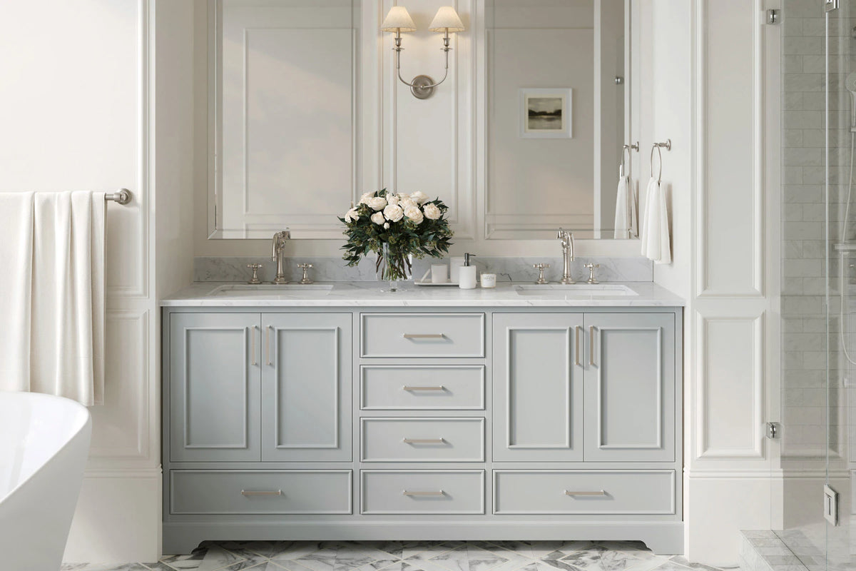 Ariel stafford 73 inch double rectangle sink vanity with carrara white marble countertop w/0.75" edge in white