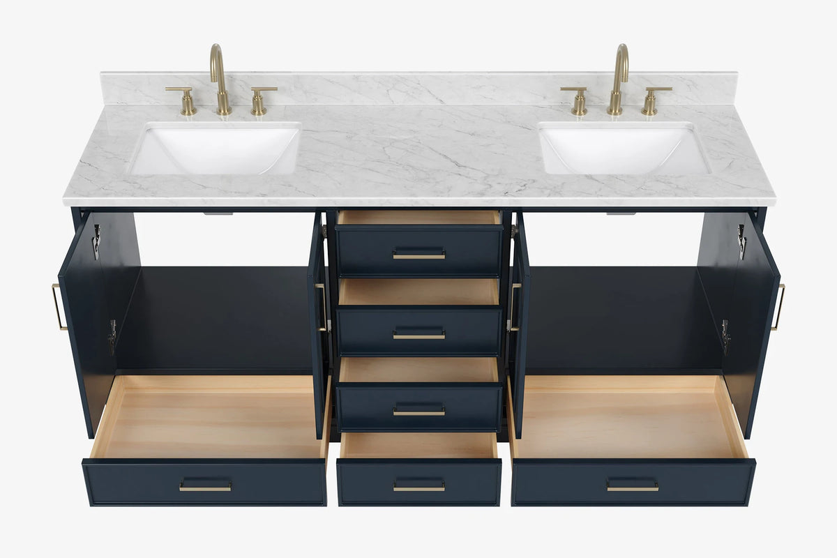 Ariel stafford 73 inch double rectangle sink vanity with carrara white marble countertop w/0.75" edge in white
