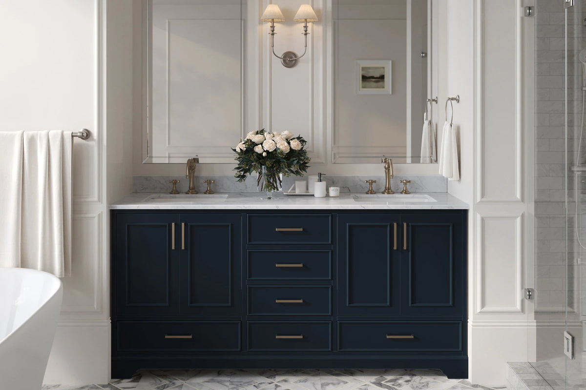 Ariel stafford 73 inch double rectangle sink vanity with carrara white marble countertop w/0.75" edge in white