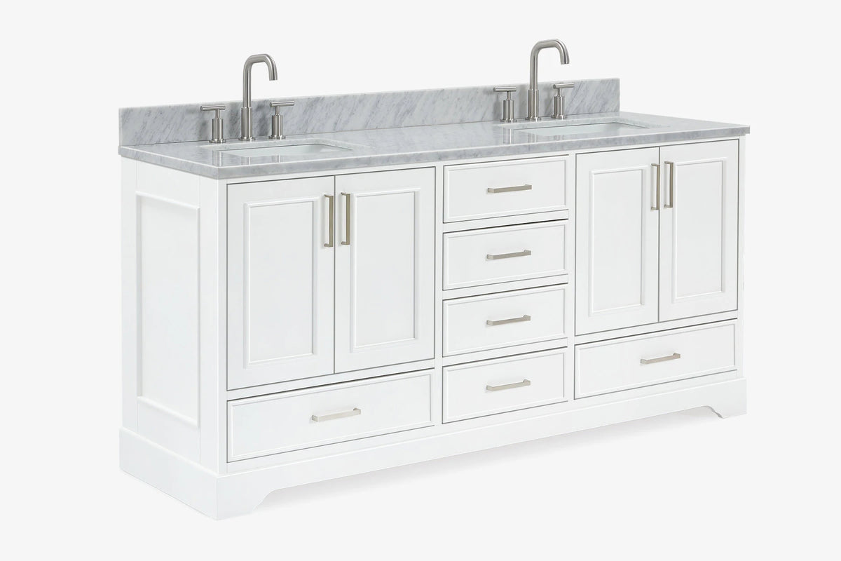 Ariel stafford 73 inch double rectangle sink vanity with carrara white marble countertop w/0.75" edge in white