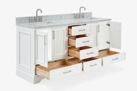 Ariel stafford 73 inch double rectangle sink vanity with carrara white marble countertop w/0.75" edge in white