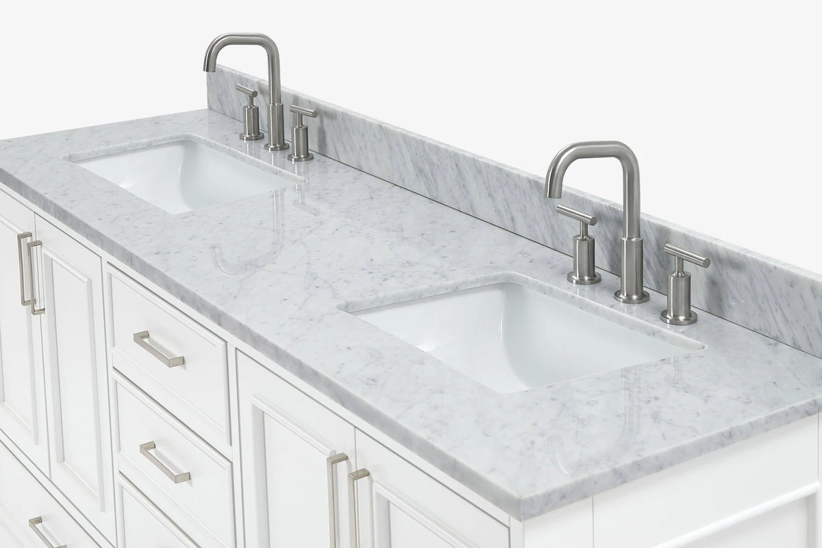 Ariel stafford 73 inch double rectangle sink vanity with carrara white marble countertop w/0.75" edge in white