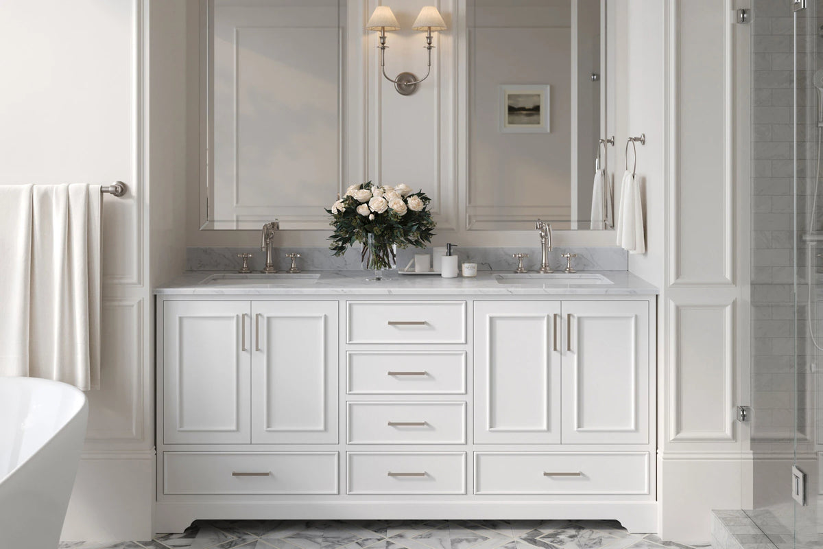 Ariel stafford 73 inch double rectangle sink vanity with carrara white marble countertop w/0.75" edge in white