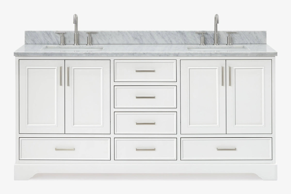 Ariel stafford 73 inch double rectangle sink vanity with carrara white marble countertop w/0.75" edge in white