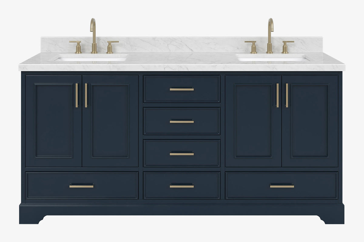 Ariel stafford 73 inch double rectangle sink vanity with carrara white marble countertop w/0.75" edge in white